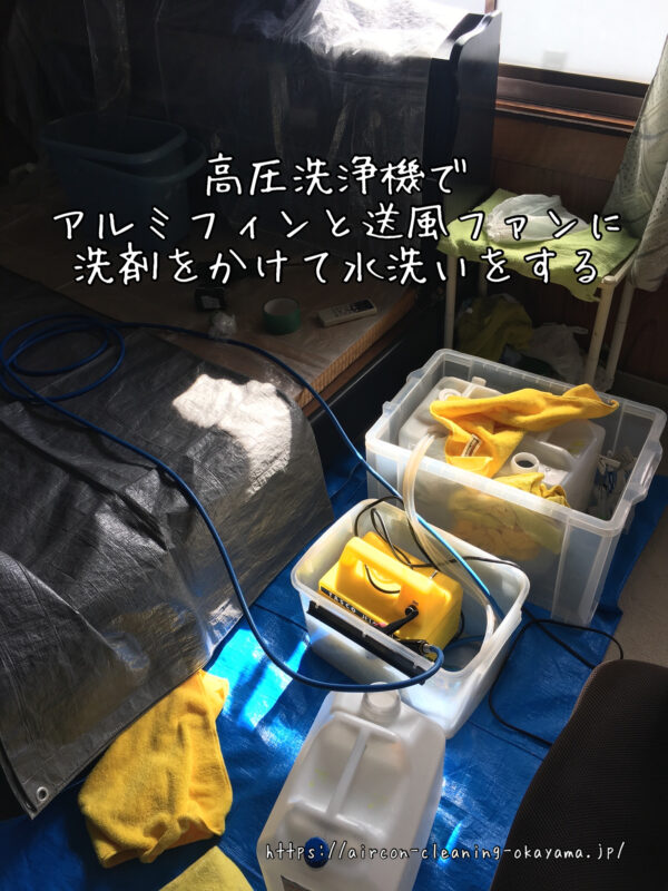 高圧洗浄機でアルミフィンと送風ファンに洗剤をかけて水洗いをする