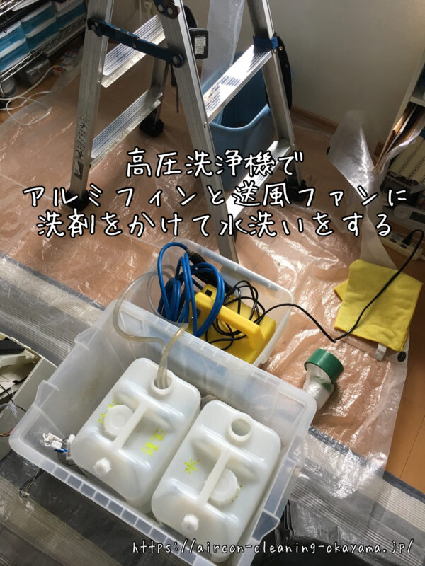 高圧洗浄機でアルミフィンと送風ファンに洗剤をかけて水洗いをする