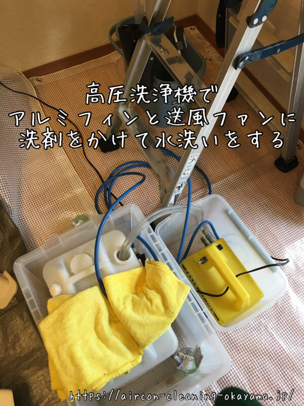 高圧洗浄機でアルミフィンと送風ファンに洗剤をかけて水洗いをする