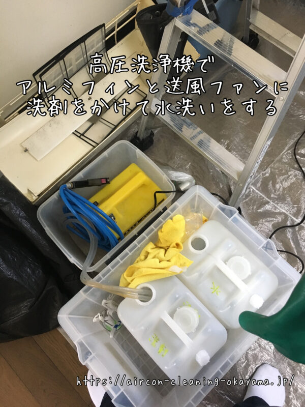 高圧洗浄機でアルミフィンと送風ファンに洗剤をかけて水洗いをする