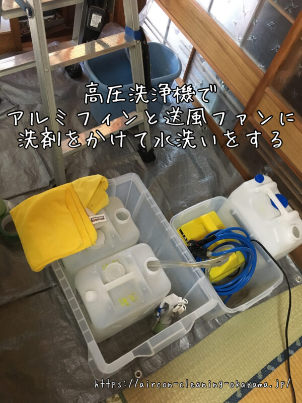 高圧洗浄機でアルミフィンと送風ファンに洗剤をかけて水洗いをする