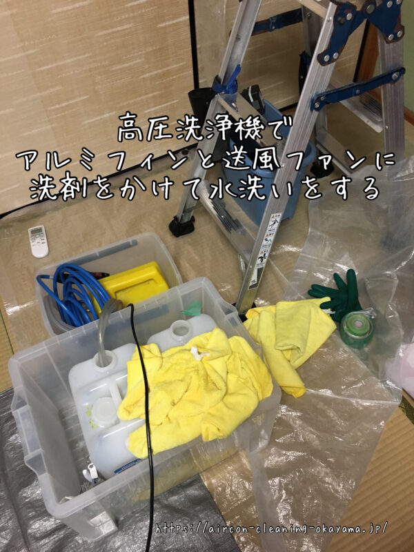 高圧洗浄機でアルミフィンと送風ファンに洗剤をかけて水洗いをする