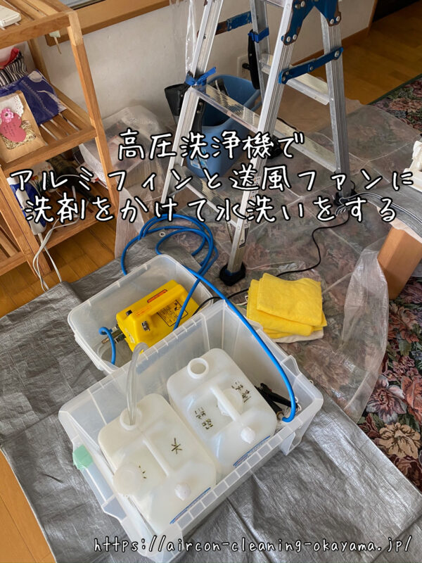 高圧洗浄機でアルミフィンと送風ファンに洗剤をかけて水洗いをする